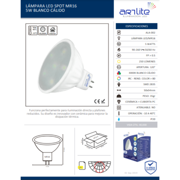261 LÁMPARA LED SPOT MR16 5W BLANCO CÁLIDO / ARTLITE / ALA-002