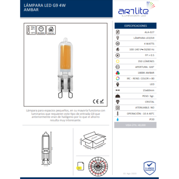 279 LÁMPARA LED G9 4W AMBAR / ARTLITE / ALA-027