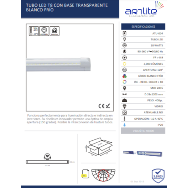 TUBO LED T8 CON BASE TRANSPARENTE BLANCO FRÍO / ARTLITE / ATU-004